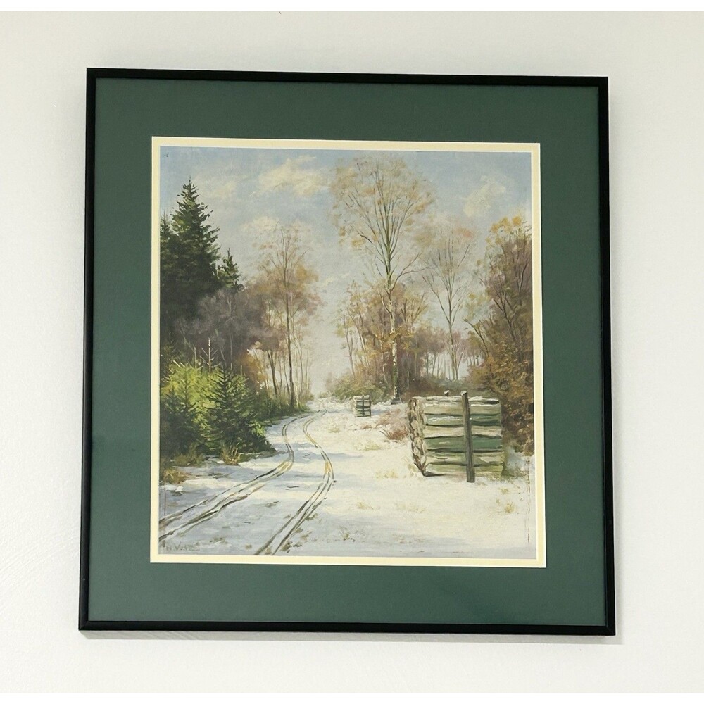 H. Volz Winter Woods Forest Trail Landscape Original Painting Custom Frame